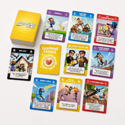Shocking Deal card game cards showing Lightning Essence, Bad Luck, Defence, Retaliation, Action and Attack cards.