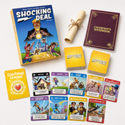 Shocking Deal card game contents with box, cards, lore scroll and champion’s handbook.