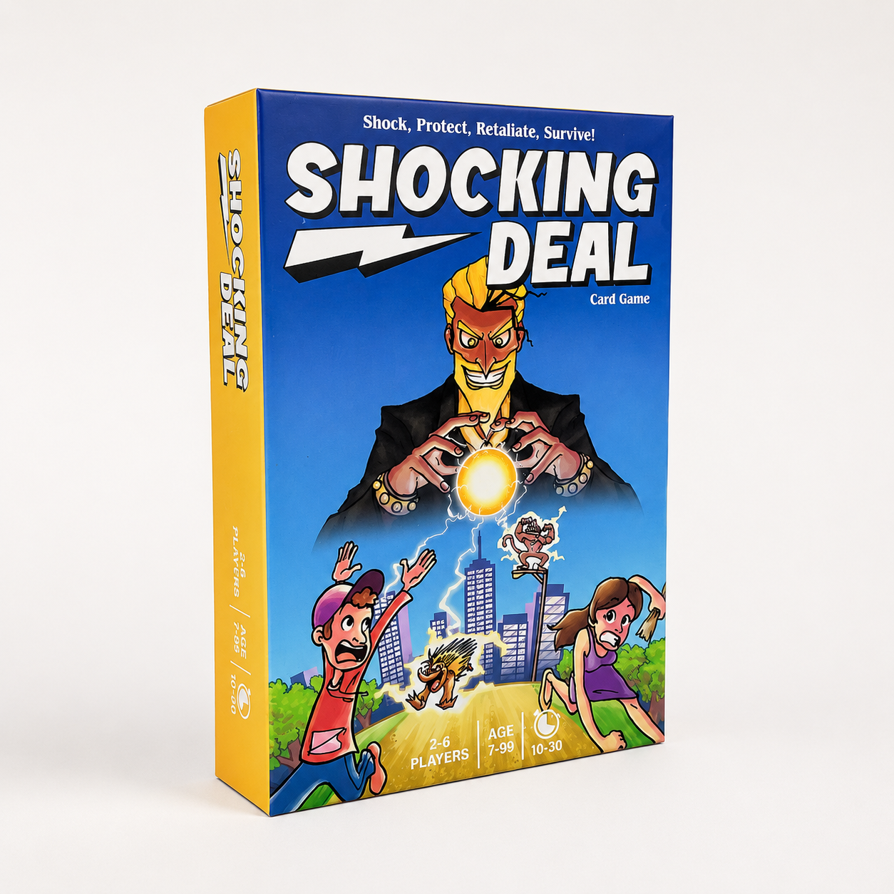 Front box of Shocking Deal, a fast family party card game by Judgemental Games.