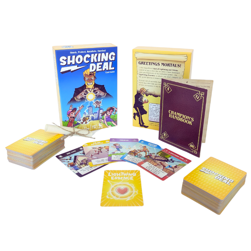 Shocking Deal card game contents with box, cards, lore scroll and champion’s handbook.